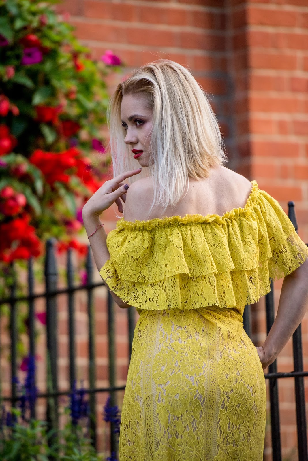 Yellow Lace Dress Full outfit Lipstick on your pillow Makeup